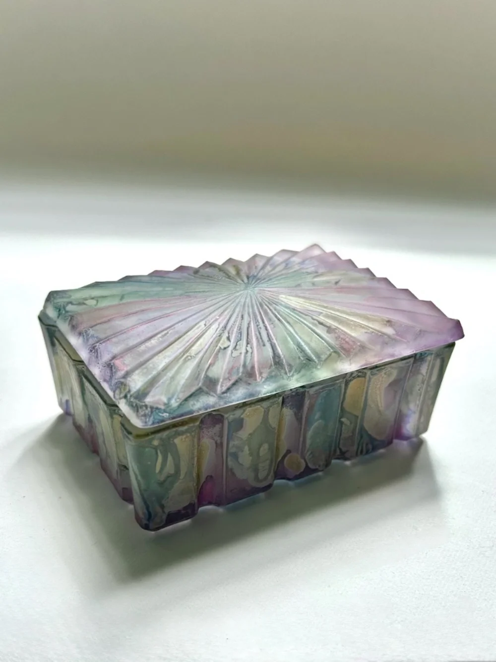 Colorful Sunburst Pattern Ribbed Glass Box, 1970's